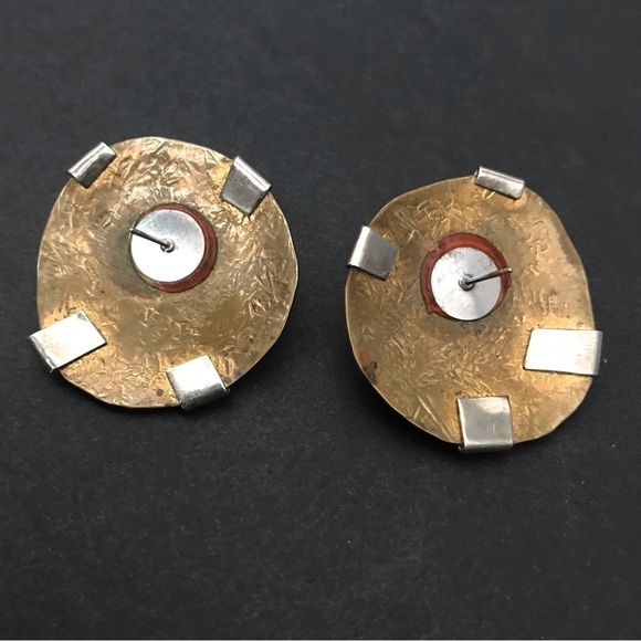 Circular Mixed Metal Earrings in Tones of Brass, Silver & Copper, Pierced Backs - Picture 5 of 5